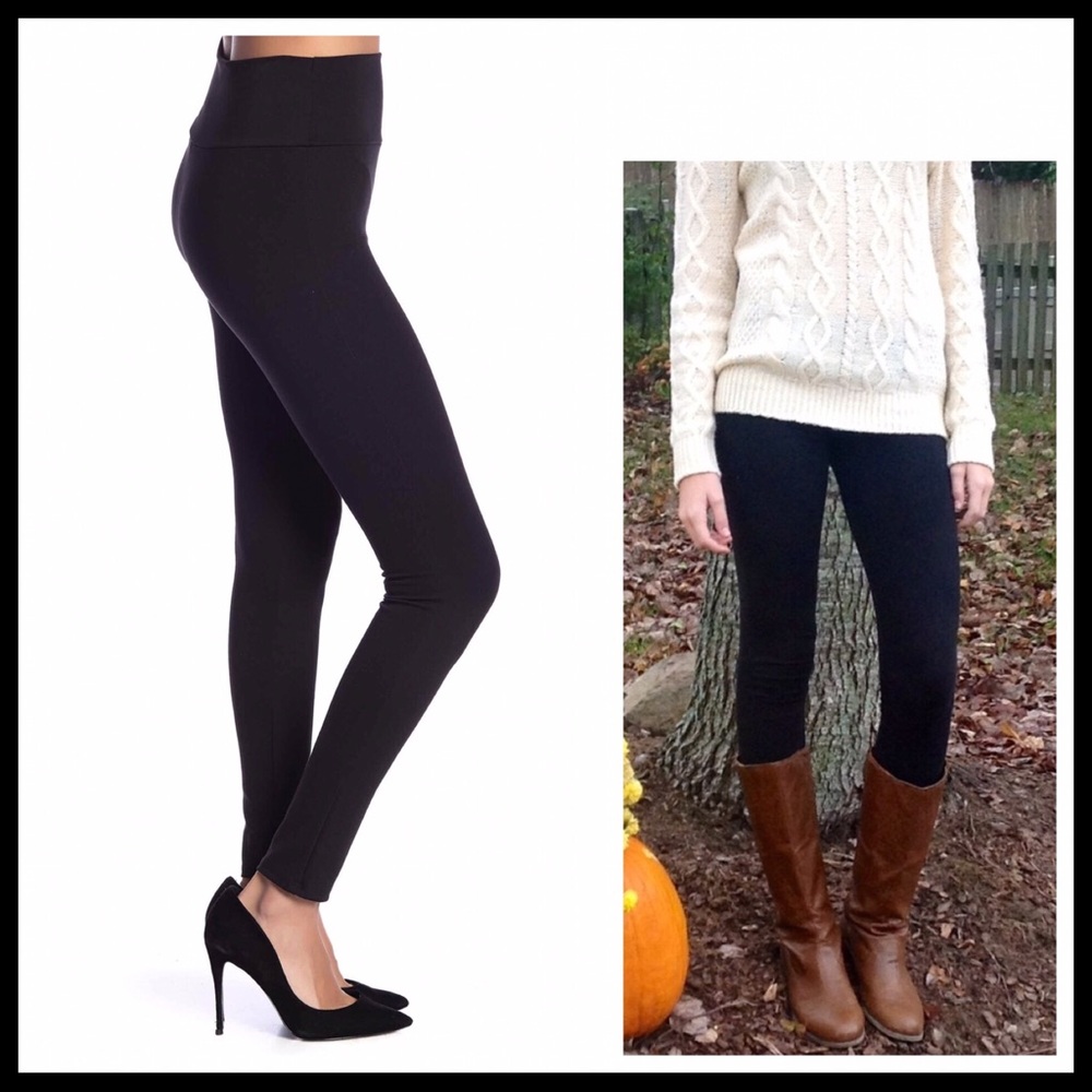 BLACK HIGH WAIST LEGGINGS OPAQUE KNIT PANTS A3C - Picture 5 of 7